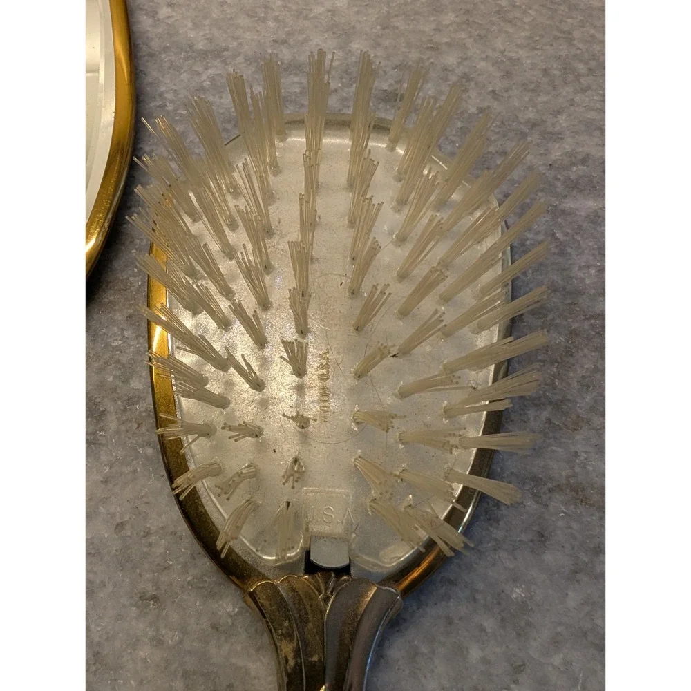 Vintage‎ Mirror and Brush Set Vanity Set Gold Tone Floral Design